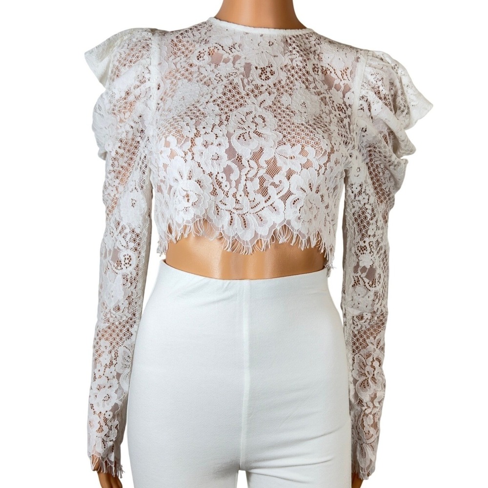 Naked Wardrobe The Statement White Lace Crop Top Puff Sleeve NWSP20-121 Small - Picture 2 of 11